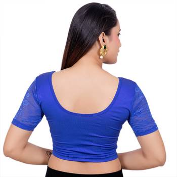 Royal Blue Short Net Sleeves Lycra Princess Cut Stretchable Readymade Saree Blouse 4