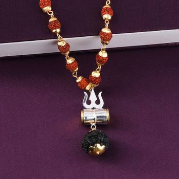 Gold Plated  Silver Trishul Locket with Rudraksha Mala for Men and Women 2
