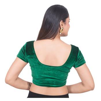 Velvet Green Short Sleeves Princess Cut Stretchable Readymade Saree Blouse 4