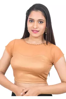Copper Lycra High Neck Short Net Sleeves Stretchable Readymade Saree Blouse