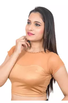 Copper Lycra High Neck Short Net Sleeves Stretchable Readymade Saree Blouse