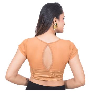 Copper Lycra High Neck Short Net Sleeves Stretchable Readymade Saree Blouse 4