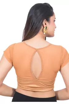 Copper Lycra High Neck Short Net Sleeves Stretchable Readymade Saree Blouse