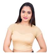 Gold Lycra High Neck Short Net Sleeves Stretchable Readymade Saree Blouse