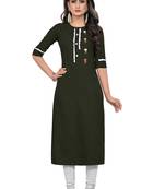 Dark-green embroidered rayon long-kurtis
