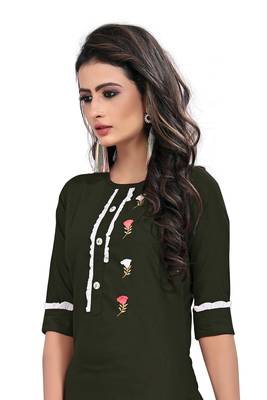 Dark-green embroidered rayon long-kurtis 2