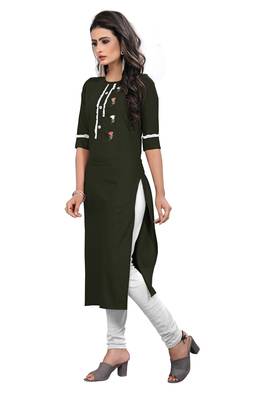 Dark-green embroidered rayon long-kurtis 3