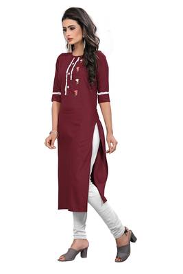 Maroon embroidered rayon long-kurtis 3