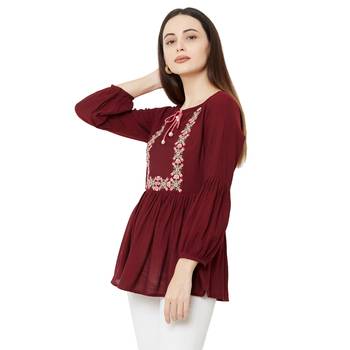 women's maroon color viscose blend flared tunic 3