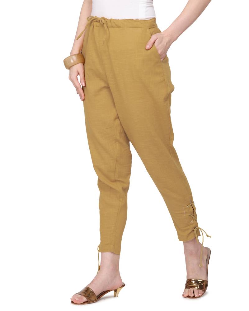 Women's Camel Brown Coloured Slub Cotton Regular Fit Trouser Pant