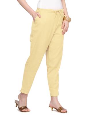 Women's Off-White Coloured Slub Cotton Regular Fit Trouser Pant 3