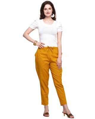 Women's Mustard Coloured Slub Cotton Regular Fit Trouser Pant 1