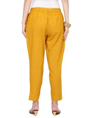 Women's Mustard Coloured Slub Cotton Regular Fit Trouser Pant 2
