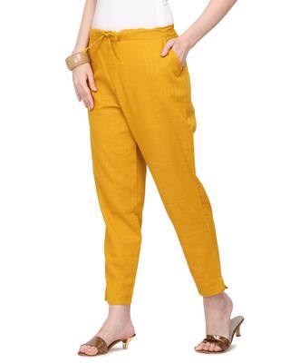 Women's Mustard Coloured Slub Cotton Regular Fit Trouser Pant 3