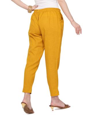 Women's Mustard Coloured Slub Cotton Regular Fit Trouser Pant 4
