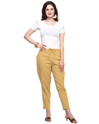 Women's Camel Brown Coloured Slub Cotton Regular Fit Trouser Pant 1