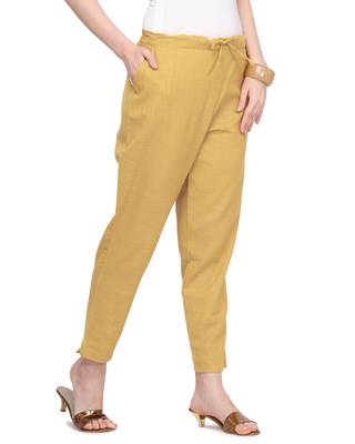Women's Camel Brown Coloured Slub Cotton Regular Fit Trouser Pant 3
