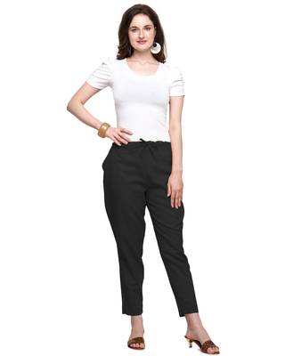 Women's Black Coloured Slub Cotton Regular Fit Trouser Pant 1
