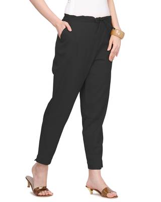 Women's Black Coloured Slub Cotton Regular Fit Trouser Pant 3