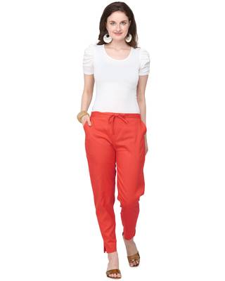 Women's Coral Red Coloured Cotton Lycra Stretchable Trouser Pant 1