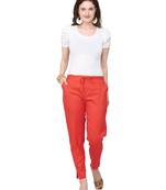 Women's Coral Red Coloured Cotton Lycra Stretchable Trouser Pant