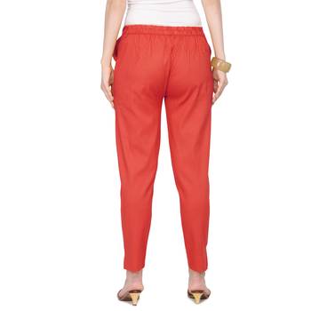 Women's Coral Red Coloured Cotton Lycra Stretchable Trouser Pant 2