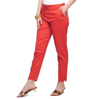 Women's Coral Red Coloured Cotton Lycra Stretchable Trouser Pant 3