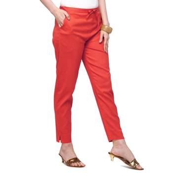 Women's Coral Red Coloured Cotton Lycra Stretchable Trouser Pant 4