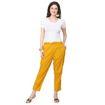 Women's Mustard Coloured Cotton Regular Fit Trouser Pant 1