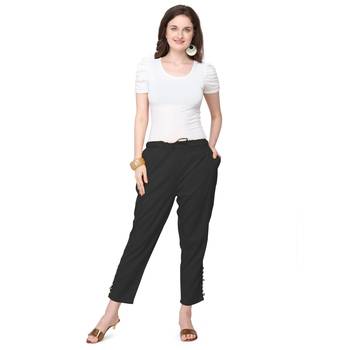 Women's Black Coloured Cotton Regular Fit Trouser Pant 1