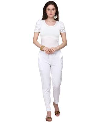 Women's White Coloured Cotton Lycra Stretchable Trouser Pant 1