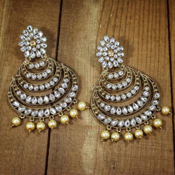 Gold Plated With Stunning Antique Finish Encased with Kundan & Faux Pearl Chandbali Earrings for Women 1
