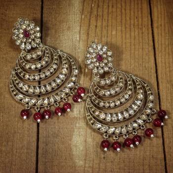 Antique Finish Encased with Kundan & Faux Pearl Chandbali Earrings for Women 1