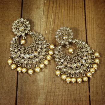 Traditional Gold Plated With Stunning Antique Finish Kundan & Pearl Chandbali Earrings for Women 1