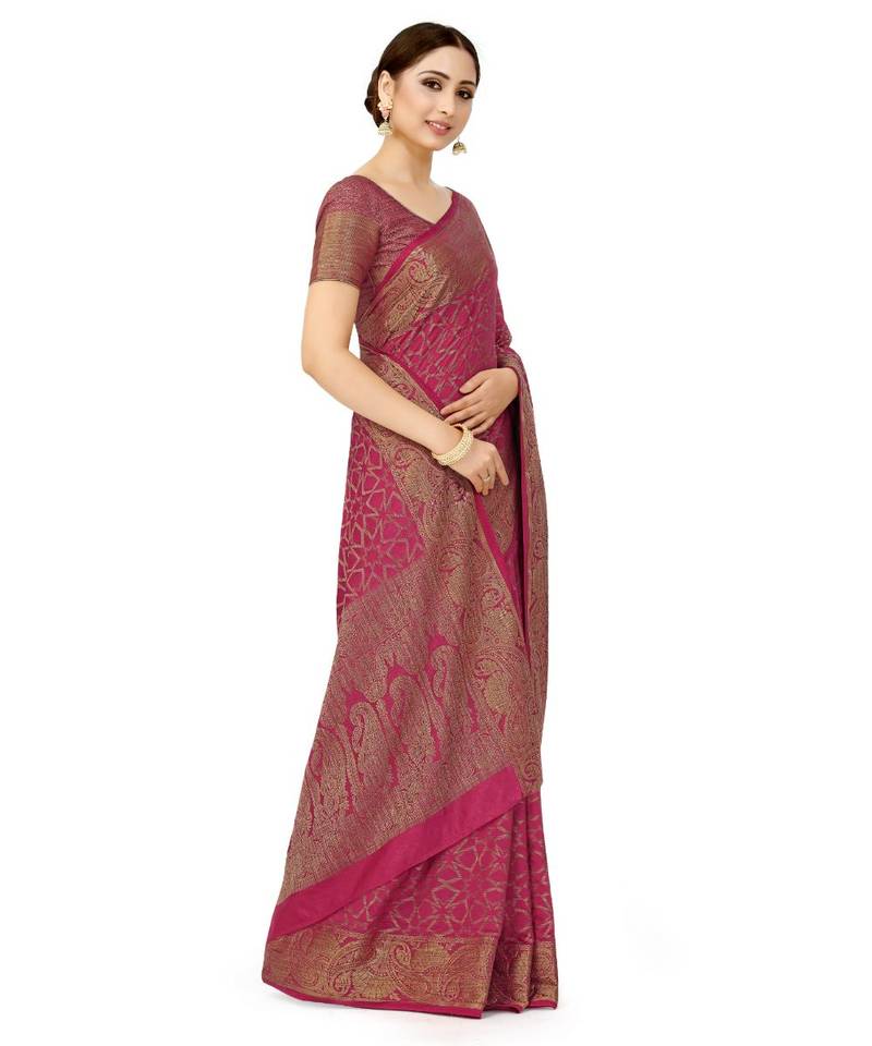 pink hand woven art silk saree with blouse