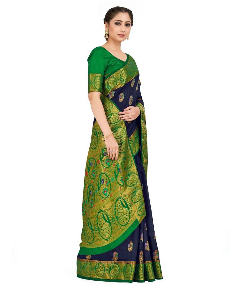 black hand woven art silk saree with blouse