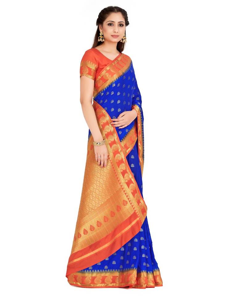blue hand woven crepe saree with blouse