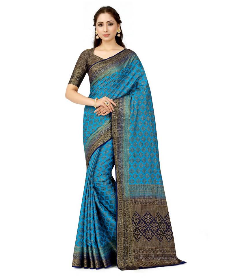 blue hand woven art silk saree with blouse