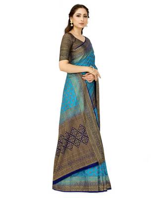 blue hand woven art silk saree with blouse 2