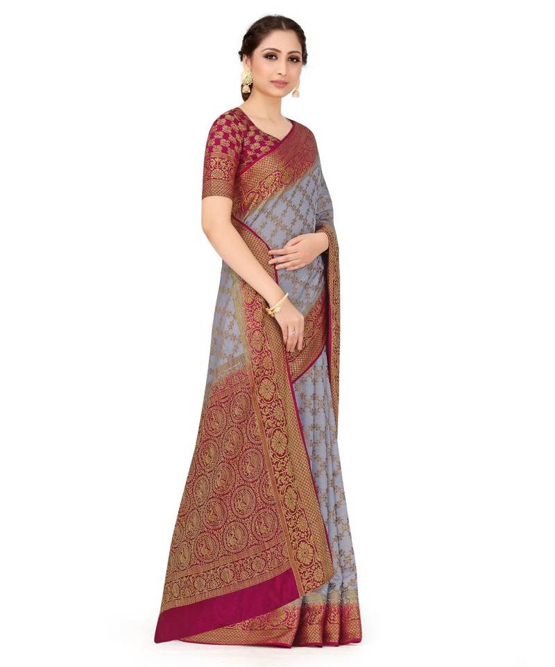 grey hand woven art silk saree with blouse