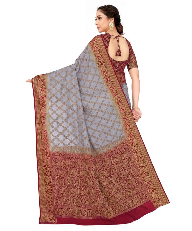 grey hand woven art silk saree with blouse