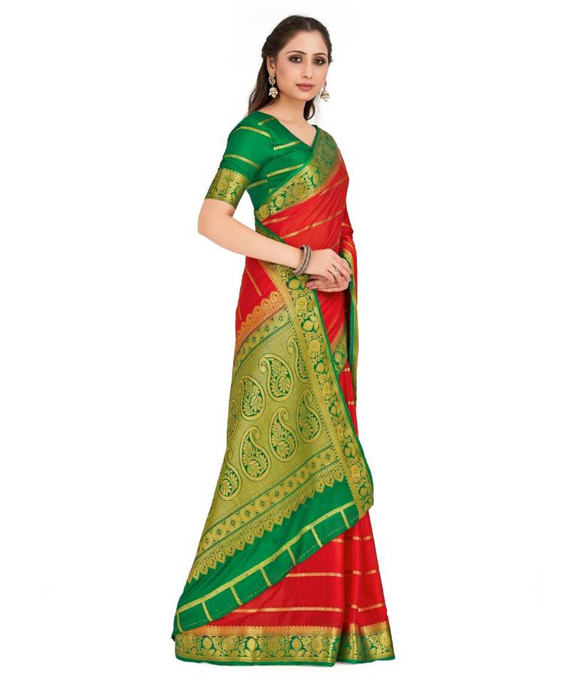 red hand woven crepe saree with blouse