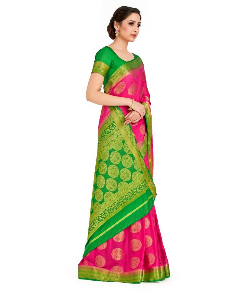 pink hand woven crepe saree with blouse