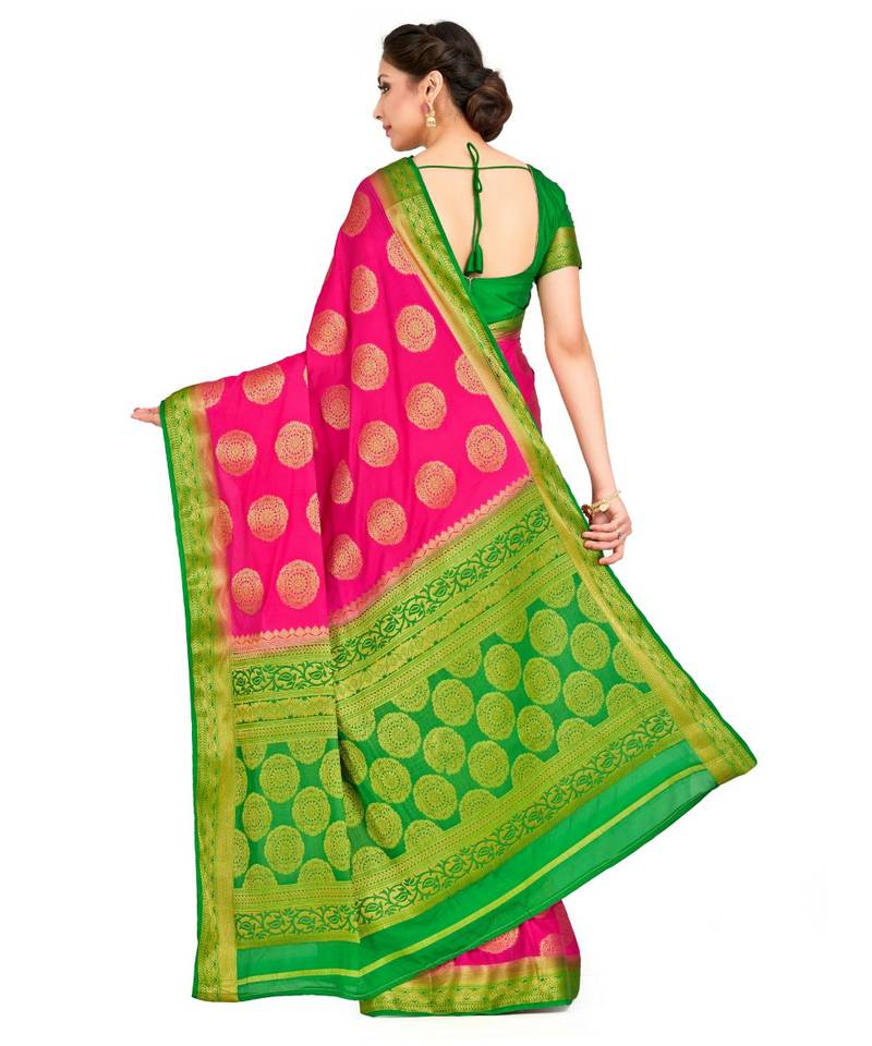 pink hand woven crepe saree with blouse