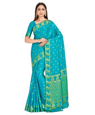 turquoise hand woven crepe saree with blouse 1