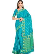 turquoise hand woven crepe saree with blouse