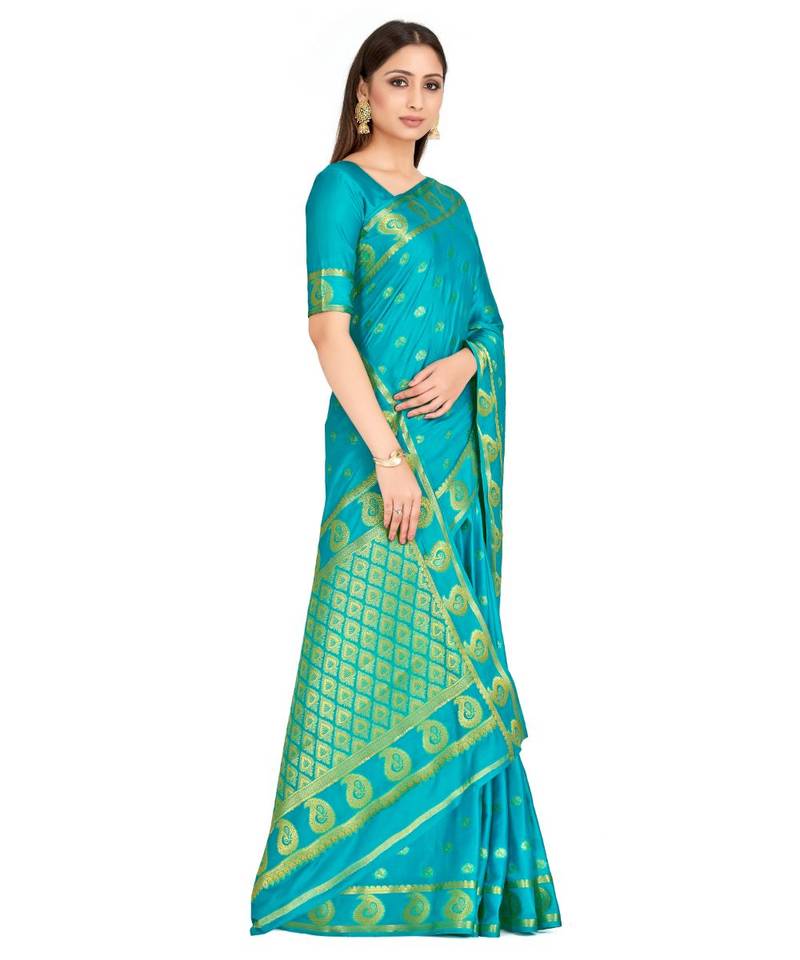 turquoise hand woven crepe saree with blouse