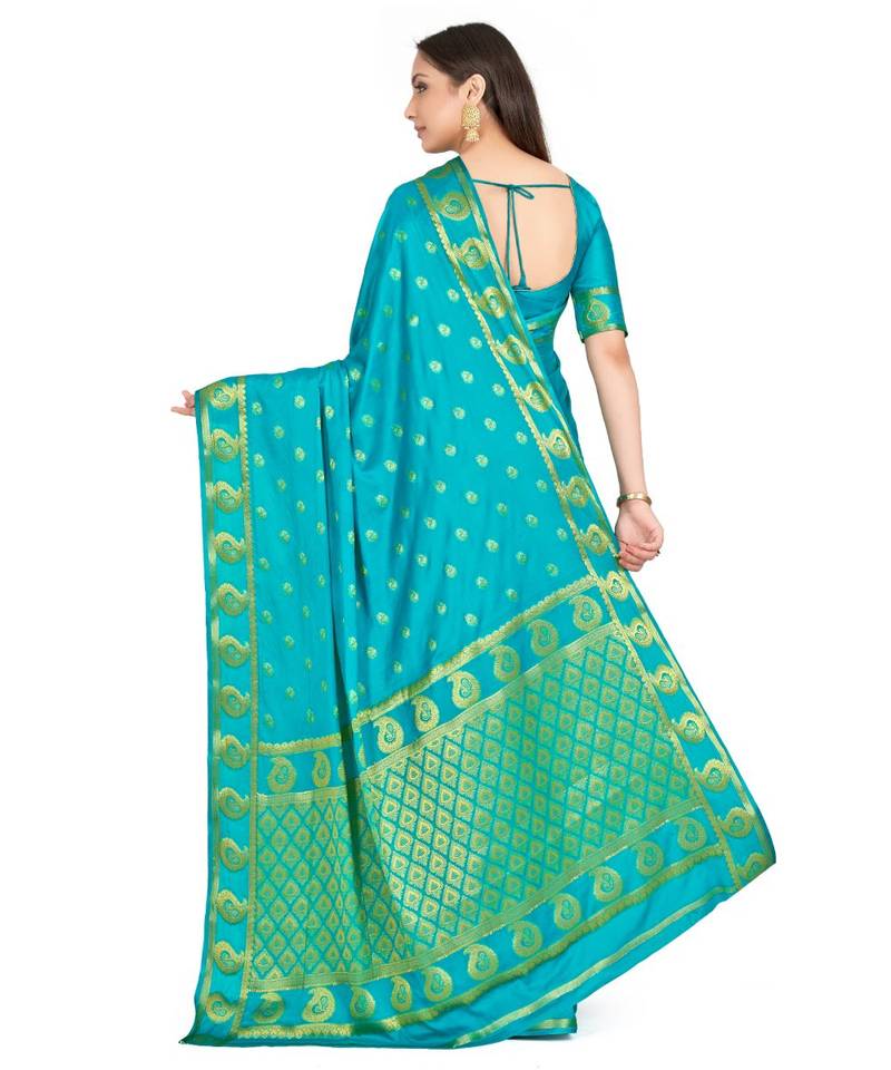 turquoise hand woven crepe saree with blouse