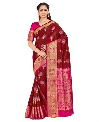maroon hand woven art silk saree with blouse 1
