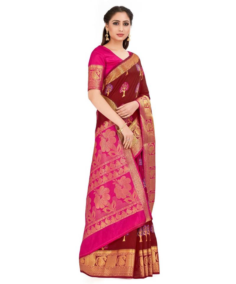 maroon hand woven art silk saree with blouse